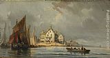 Eugene Isabey Canvas Paintings - Coastal Landscape with Boats and Constructions